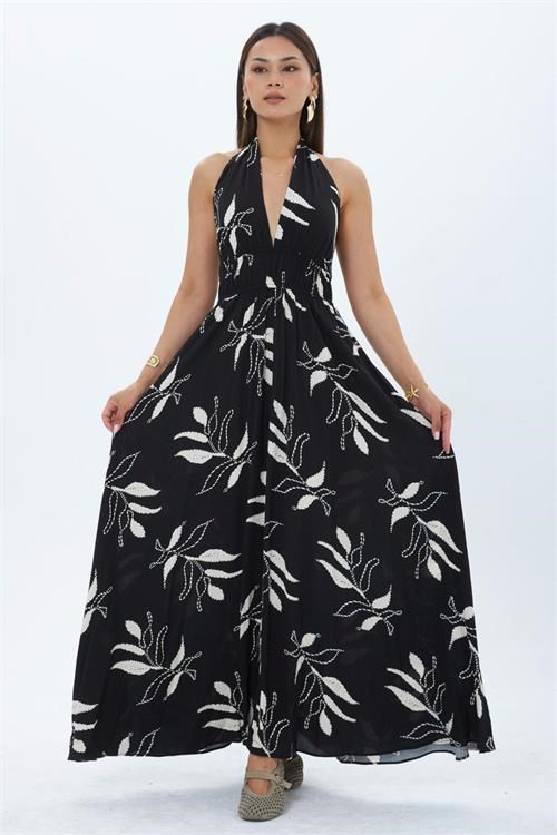 Dipmoda kadın siyah halter yaka sırt dekolteli maxi boy elbise DPMY4121