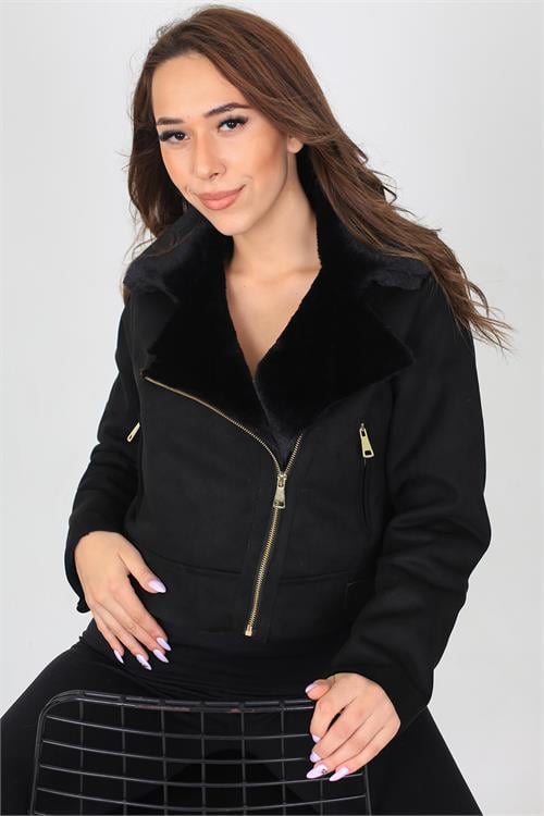 Dipmoda kadın siyah içi kürklü biker süet ceket MYLK12 