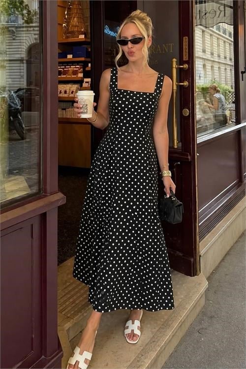 Dipmoda kadın siyah kalın askılı puantiye desenli tam boy elbise DPNP028