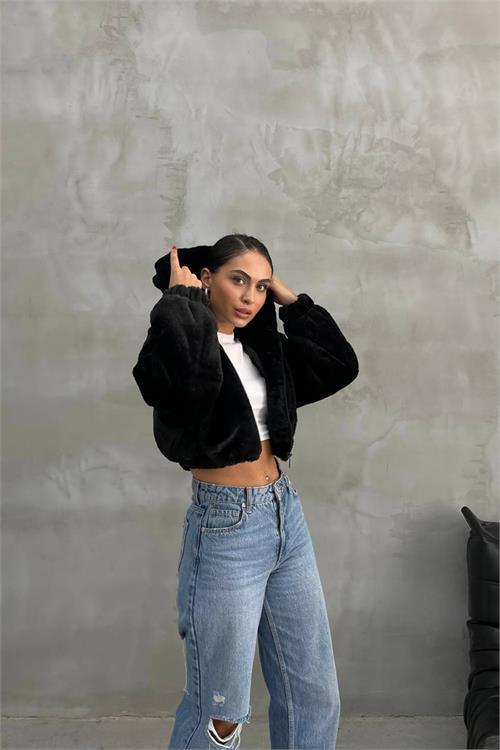 Dipmoda kadın siyah kapüşonlu peluş kısa ceket NBDM5001 