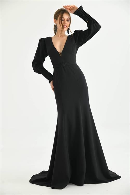 Dipmoda kadın siyah kemer ve dekolte detaylı uzun abiye elbise NBS9297 