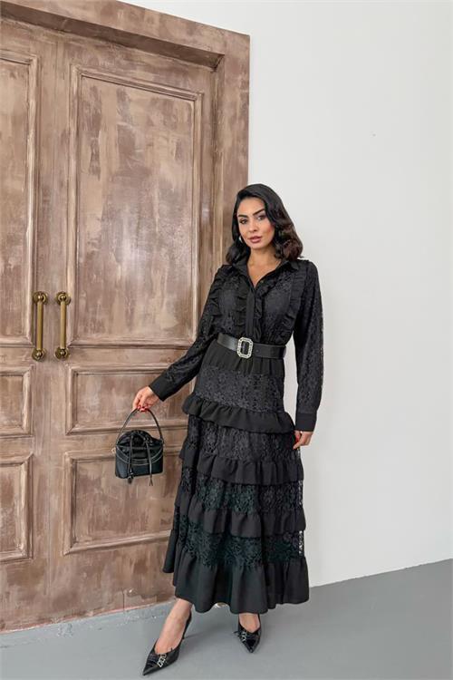 Dipmoda kadın siyah kemerli dantel detaylı elbise DPMS2547