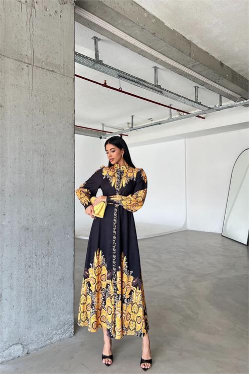 Dipmoda kadın siyah kemerli tasarım elbise DPMS4277