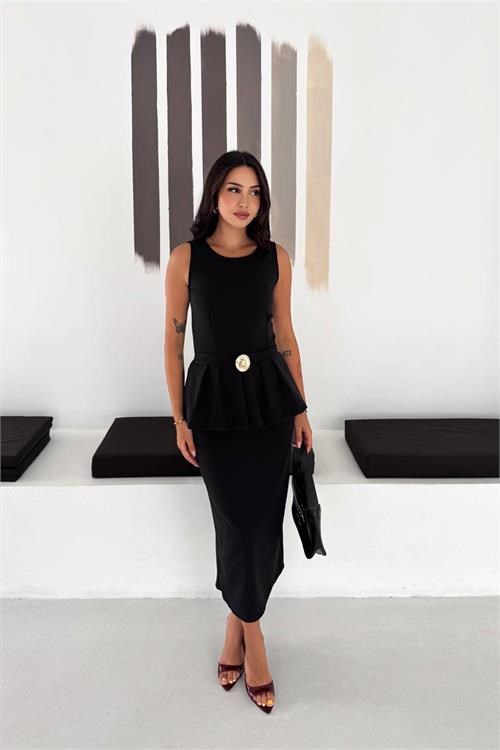 Dipmoda kadın siyah kolsuz peplum kesim midi boy kemer tokalı elbise DPK4640