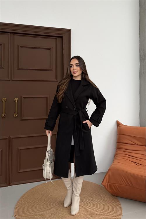 Dipmoda kadın siyah kuşaklı reglan kol düğmeli premium kaşe kaban DPKBN01