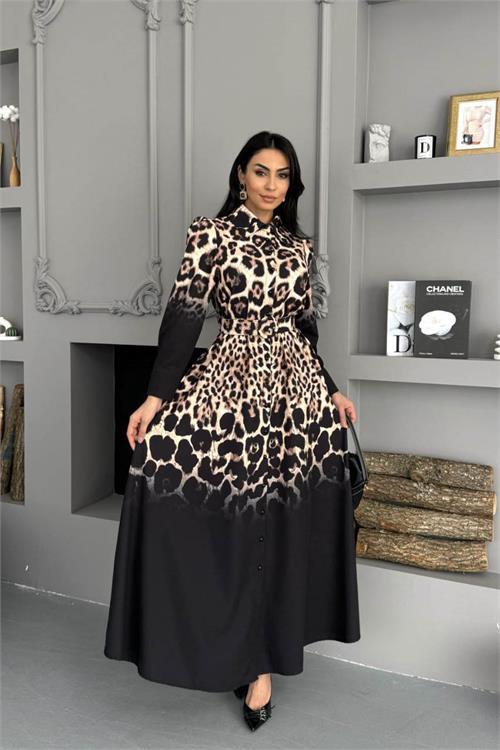 Dipmoda kadın siyah leopar desen atlas kumaş düğmeli ithal elbise DPMS2597