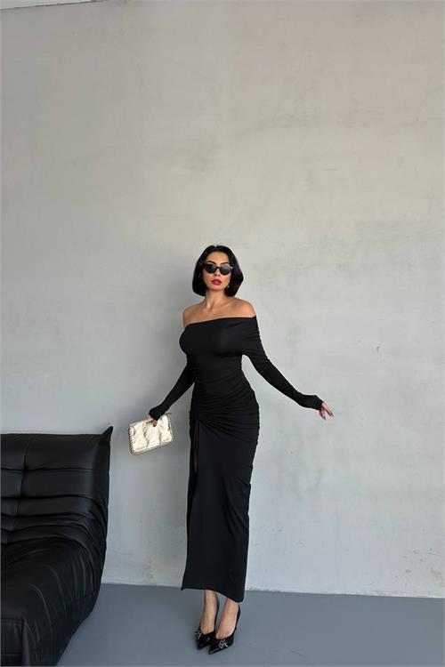 Dipmoda kadın siyah madonna yaka büzgülü uzun elbise NBDF102