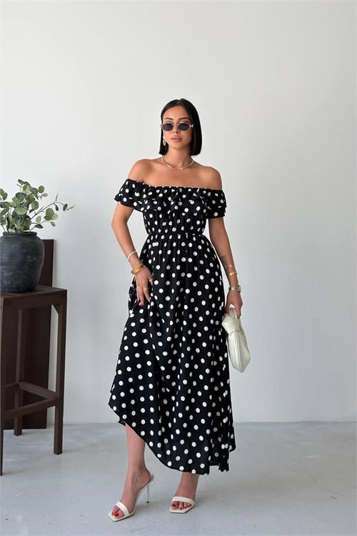 Dipmoda kadın siyah madonna yaka fırfır detaylı desenli midi boy elbise DPG136