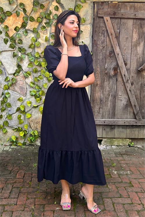 Dipmoda kadın siyah madonna yaka gipeli yazlık uzun elbise SNP007 