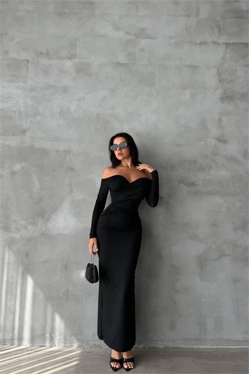 Dipmoda kadın siyah madonna yaka uzun elbise DPNBDF090