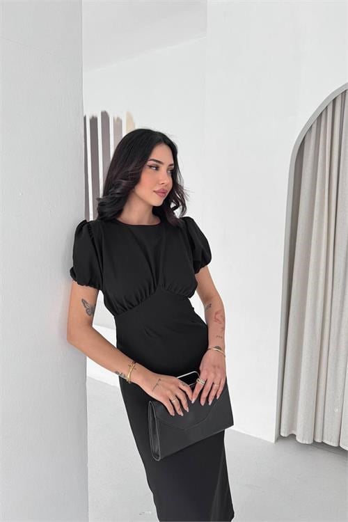 Dipmoda kadın siyah midi boy büzgü detaylı balon kol dar kesim elbise DPK4574