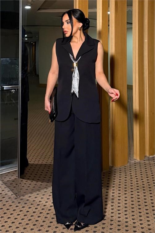 Dipmoda kadın siyah modern kesim fular detaylı palazzo pantolon yelek ikili takım DPSTR1618