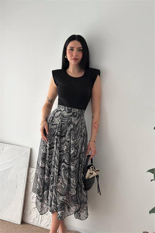 Dipmoda kadın siyah modern kesim vatkalı asimetrik kesim mermer desen elbise DPK4593