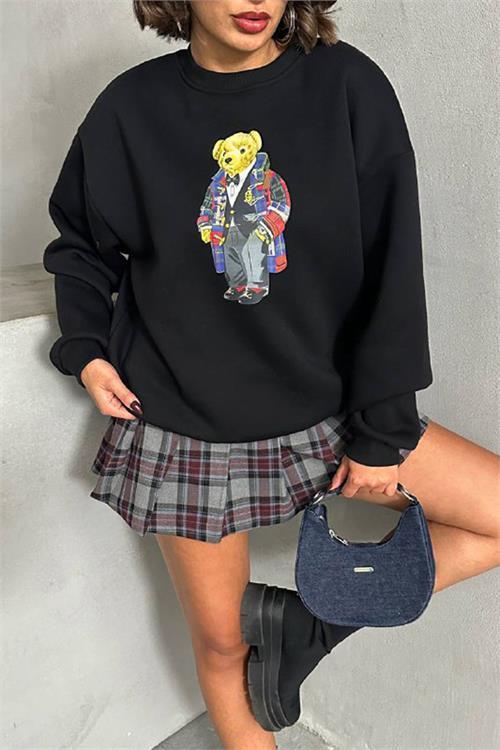 Dipmoda kadın siyah nakışlı sweatshirt DPNBG059