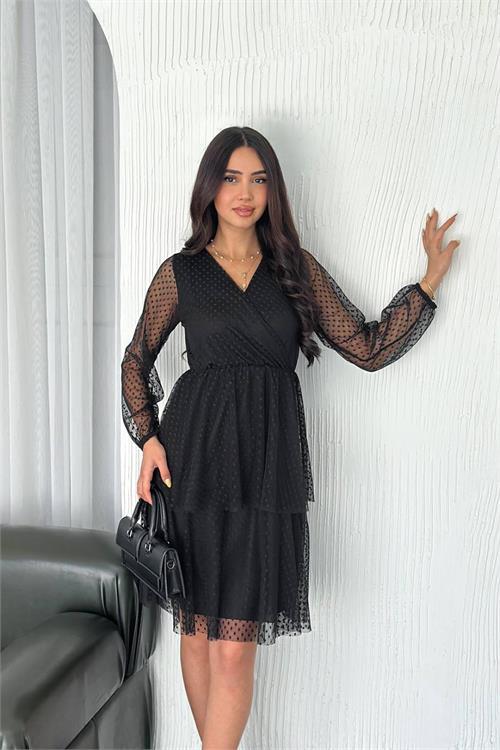 Dipmoda kadın siyah puantiyeli katkat tül elbise DPK054