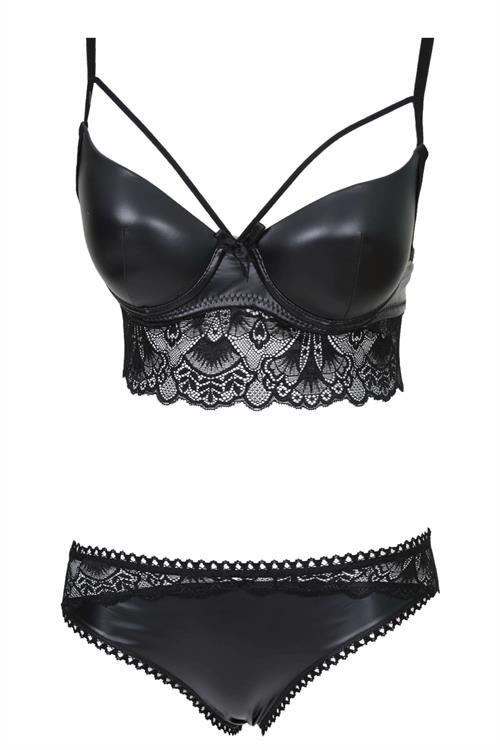 Dipmoda kadın siyah Push-up Destekli Deri Bralet Takım BHR010 