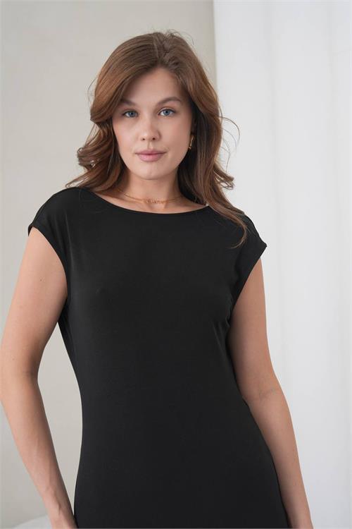 Dipmoda kadın siyah sırt dekolteli zincir detaylı midi boy abiye elbise DPS9387