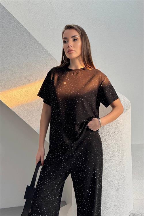 Dipmoda kadın siyah taş detaylı ikili basic takım DPG126