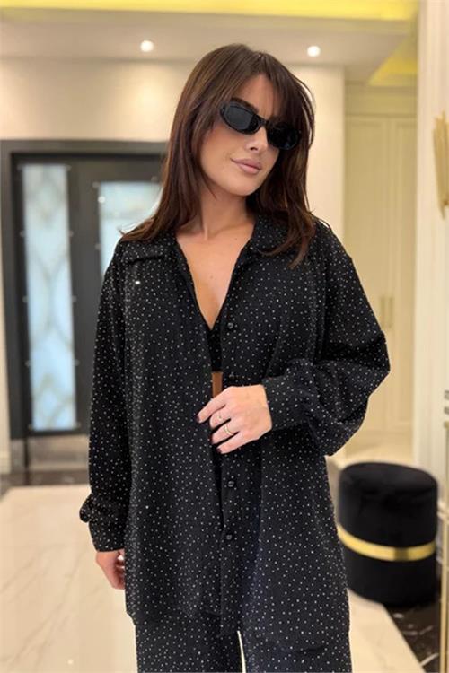 Dipmoda kadın siyah taşlı gömlek pantolon bustiyer üçlü takım DPKD7556
