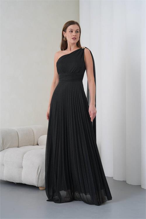 Dipmoda kadın siyah tek omuz tokalı drape detaylı ışıltılı tül kumaş abiye elbise DPS9388