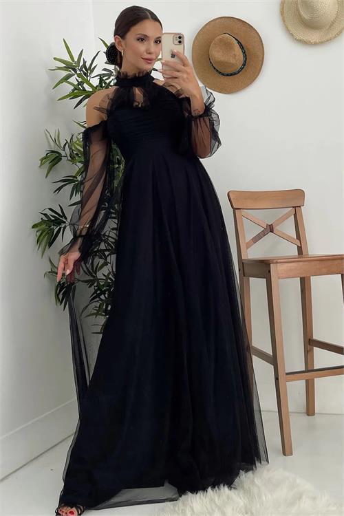 Dipmoda kadın siyah tül drapeli uzun abiye elbise DPNBSWLL07