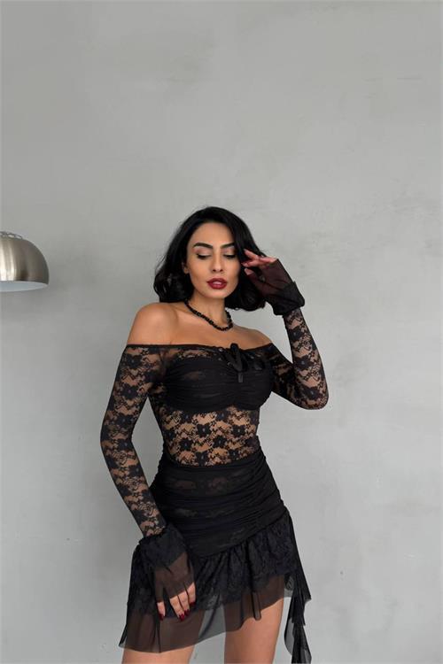 Dipmoda kadın siyah yeni sezon mini dantel elbise DPNBDF133