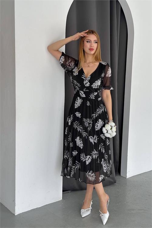 Dipmoda kadın siyah yeni sezon piliseli yazlık şifon elbise NBQ005 