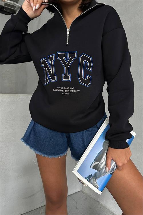 Dipmoda kadın siyah yüksek yaka içi pamuklu sweat NBG034 