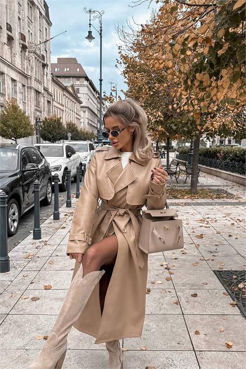 Dipmoda kadın suni deri düğmeli cep detaylı tam boy trençkot DPEMP2617