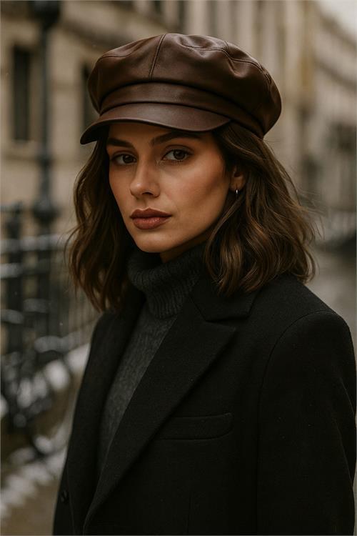 Dipmoda kadın suni deri kaptan şapka DPAKS047