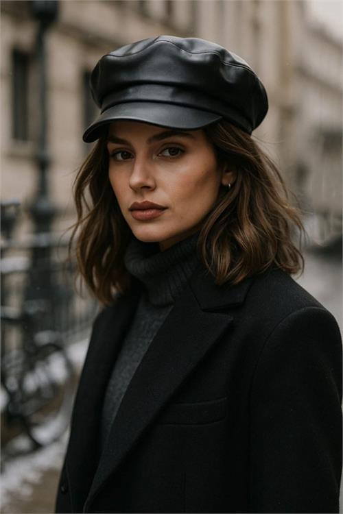 Dipmoda kadın suni deri kaptan şapka DPAKS047