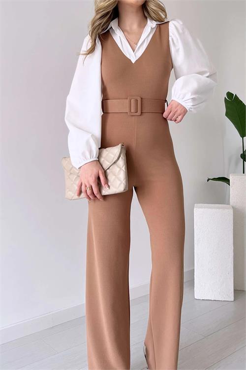 Dipmoda kadın taba kemerli gömlek detaylı likralı tulum NBK2063 