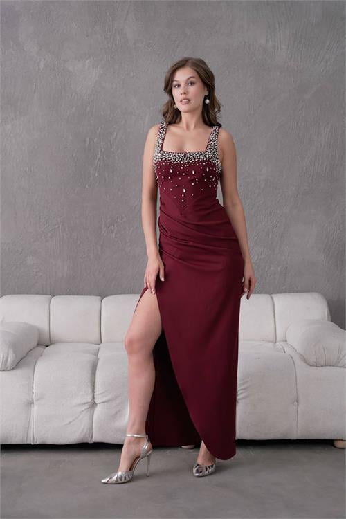 Dipmoda kadın taş detaylı askılı uzun abiye elbise DPNBS9367