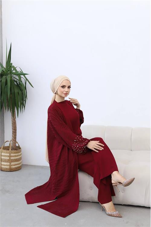 Dipmoda kadın taş ve inci detaylı merserize triko tesettür takım NMS022 