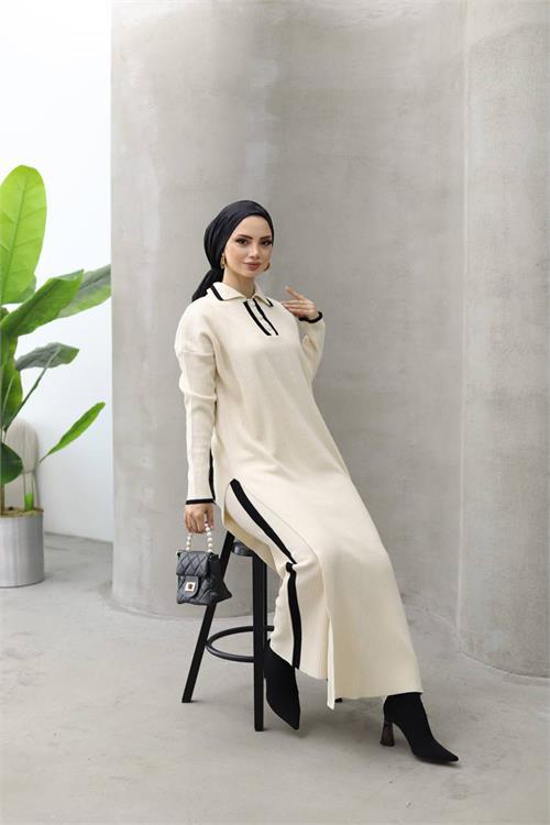Dipmoda kadın tesettür triko gömlek yaka alt üst ikili takım NMS024 