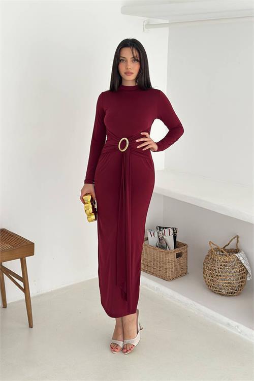 Dipmoda kadın toka detaylı drapeli midi elbise DPK4351