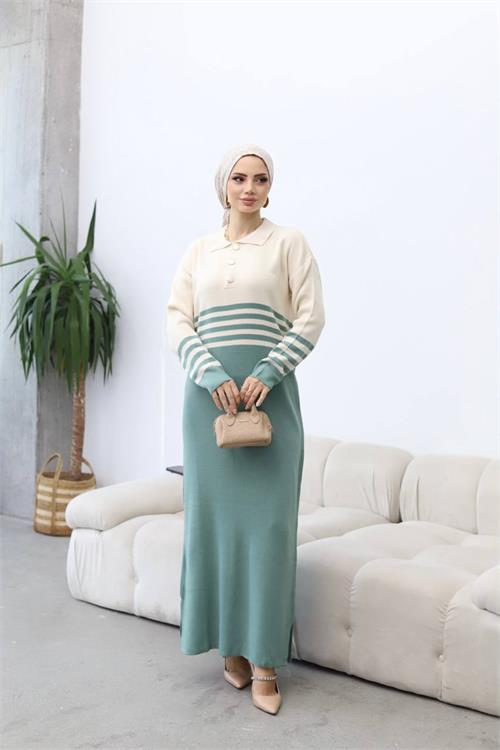 Dipmoda kadın triko çizgi detaylı tesettür elbise NMS014 