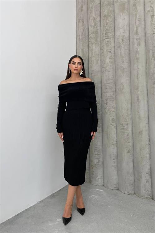 Dipmoda kadın triko siyah madonna yaka uzun elbise NBDM1218 