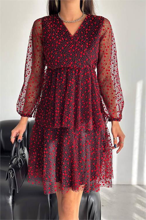 Dipmoda kadın tül astarlı mini elbise KKLF41 - Kırmızı 