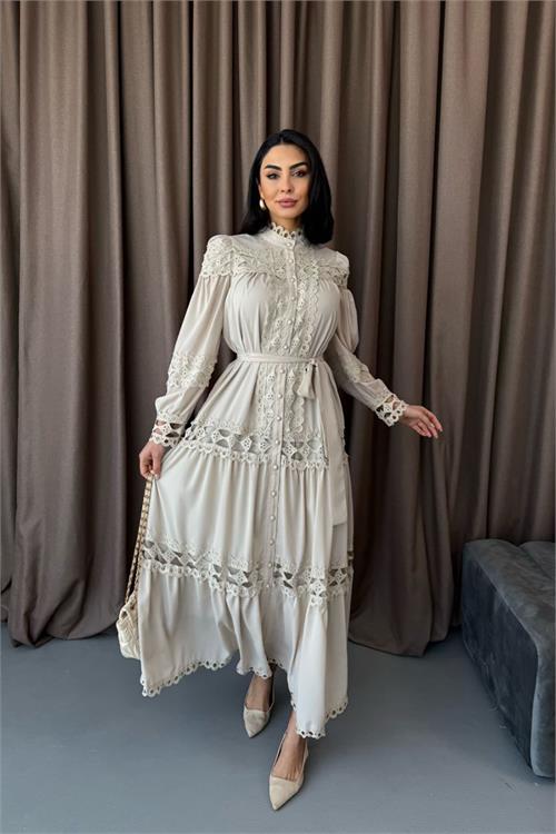 Dipmoda kadın uzun dantel detaylı tasarım elbise DPMS42110