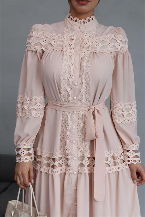 Dipmoda kadın uzun dantel detaylı tasarım elbise DPMS42110