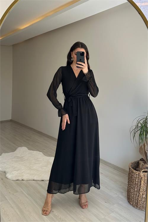 Dipmoda kadın uzun kollu kuşaklı maxi şifon elbise NM001