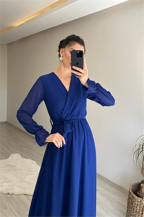 Dipmoda kadın uzun kollu kuşaklı maxi şifon elbise NM001