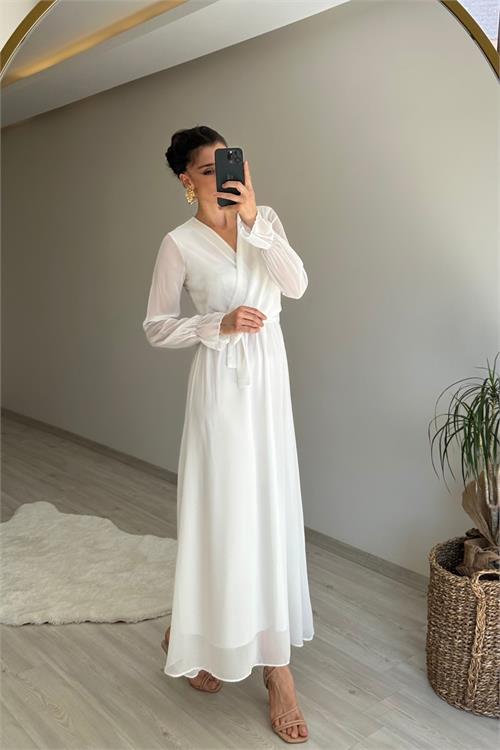 Dipmoda kadın uzun kollu kuşaklı maxi şifon elbise NM001