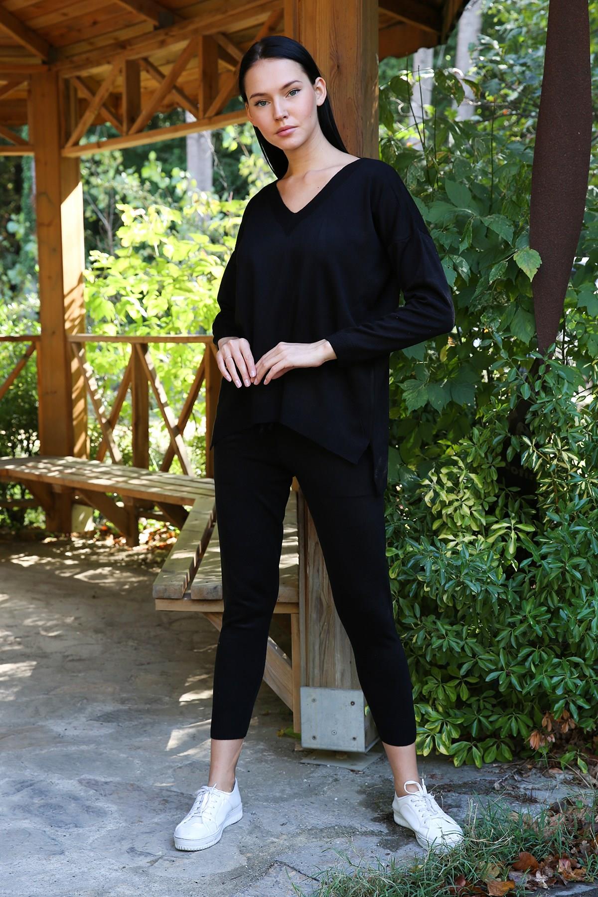 Dipmoda Kadın V Yaka Asimetrik Kesim İkili Triko Takım DPNB7057