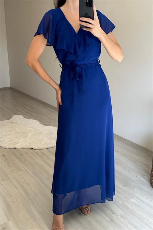 Dipmoda kadın v yaka kuşaklı maxi şifon elbise NM008