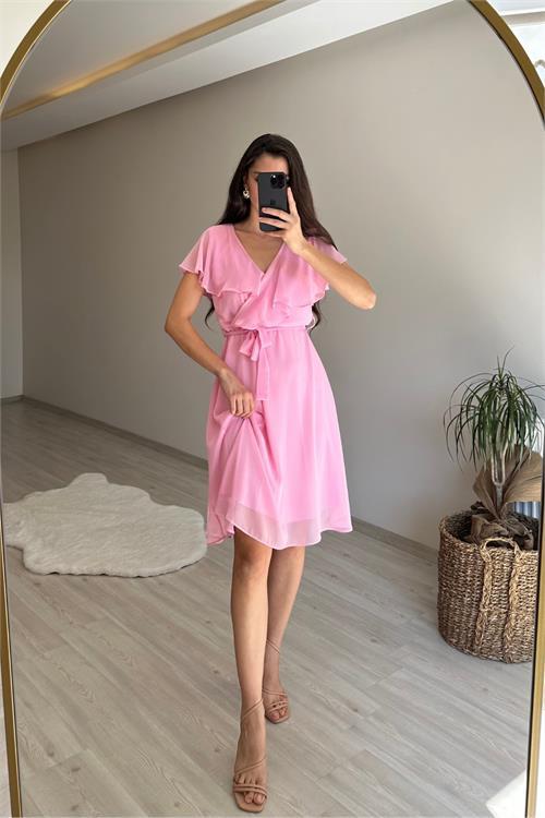 Dipmoda kadın v yaka kuşaklı mini şifon elbise NM007