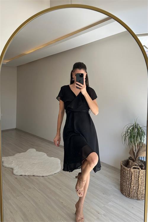 Dipmoda kadın v yaka kuşaklı mini şifon elbise NM007