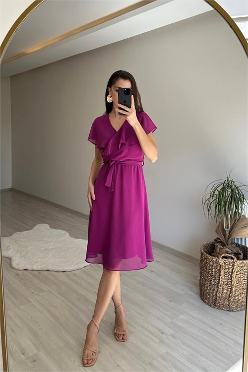 Dipmoda kadın v yaka kuşaklı mini şifon elbise NM007