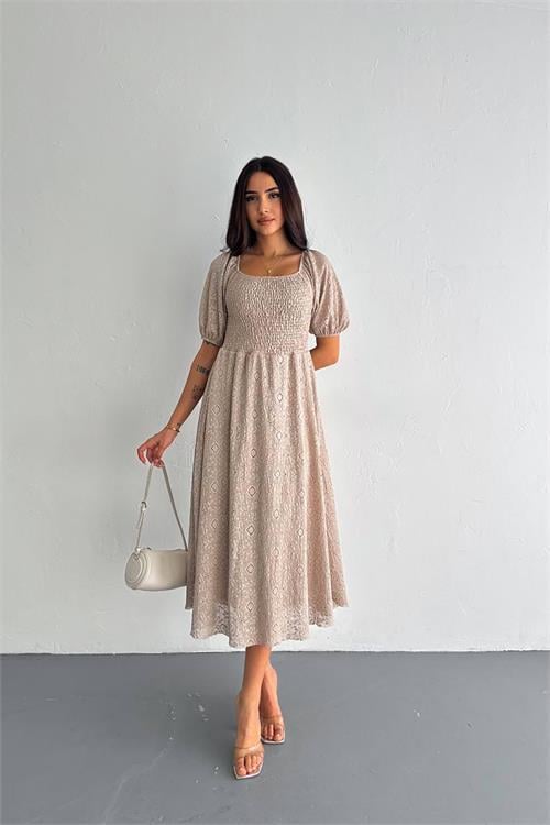 Dipmoda kadın vizon kare yaka dantel elbise DPK053